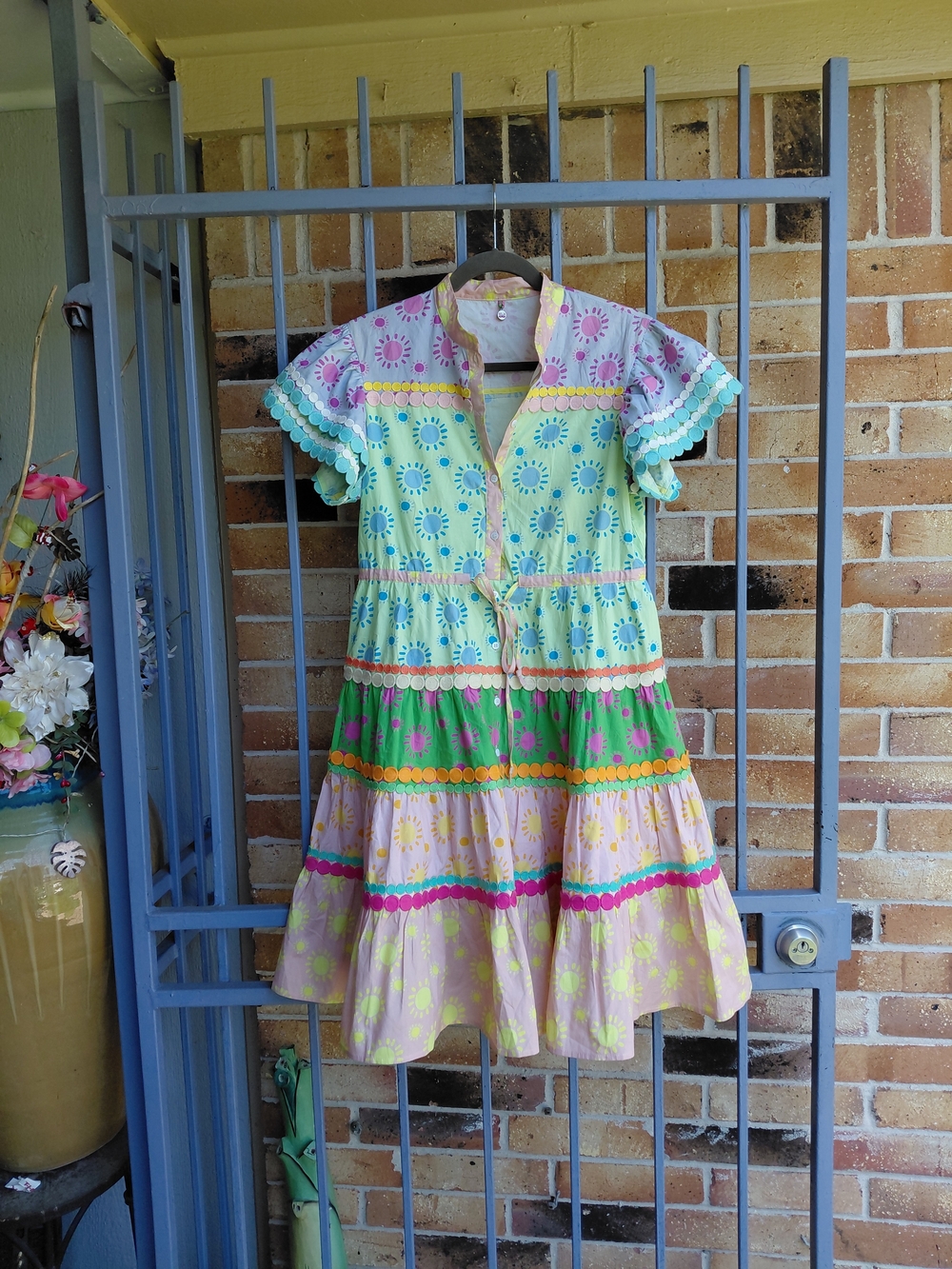 CeliaB Pastel Green Pink Floral Tiered Cotton Dress
